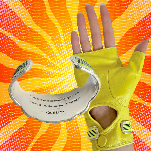 Antique Cigar Band brought to life in NEON YELLOW and red and black hand enamel on .925 Sterling Silver. As with many of my new cuffs, tucked inside is a "secret quote" to resonate against your wrist! This one :  "Just one positive word in the morning can change your whole day."  --Dalai Lama