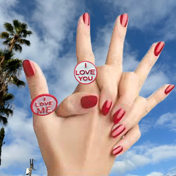 I LOVE ME Sterling Silver Gum-Ball Ring is handmade and hand-enameled and hand-signed--all right here in the good ole USA.Approximately 7/8” diameter. Come gift boxes and ready to give, or receive.  Start with yourself and feel the love radiate back. If you love yourself, you will feel too good to even care.