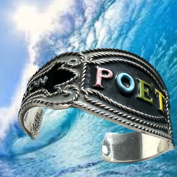 Inside this cuff, as with many of my new POP ART Collection, there is a hidden engraved quote--this one from Walt Whitman. These quotes are meant to resonate against your wrist and inspire you. I hope they do!   This one: "Keep your face in the sunshine and shadows will fall behind you."  POET Cheroot Cuff. Handmade, Hand-enameled Sterling Silver. Hand-signed. Approximately 6-1/2" Long by 2" (at center). Made in the USA! Nonbinary and designed to INSPIRE you!