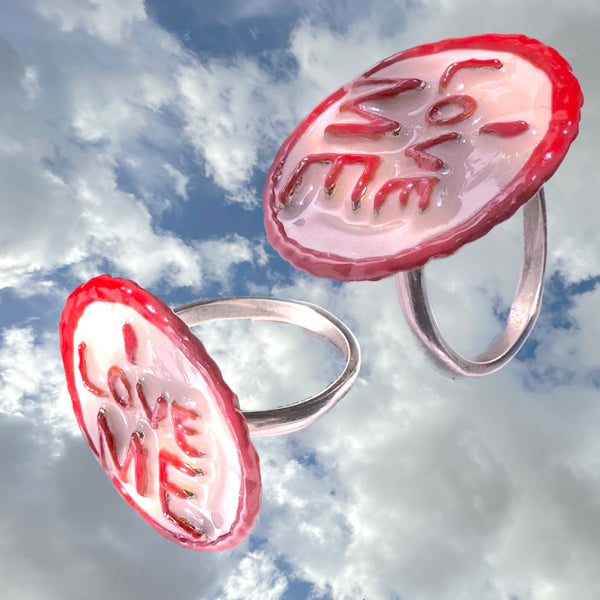 I LOVE ME Sterling Silver Gum-Ball Ring is handmade and hand-enameled and hand-signed--all right here in the good ole USA.Approximately 7/8” diameter. Come gift boxes and ready to give, or receive.  Start with yourself and feel the love radiate back. If you love yourself, you will feel too good to even care.