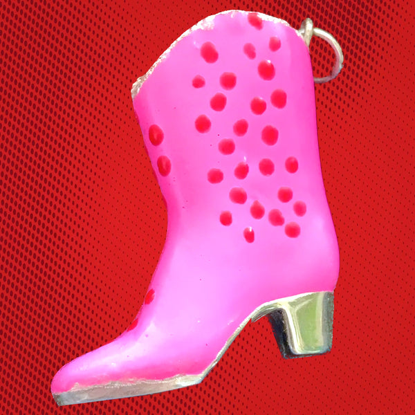 Sterling Silver "Tooled" Cowboy Boot Charm-1-1/2" x 1-1/4". Hand-signed. Comes with a beautiful Sterling Silver fine chain  Boots come in In 3 Lucious Color Combos: Barbie Pink with Red, Neon Yellow with Black and Black with Lavender. Collect all 3!  Hand Made  and Hand Enameled in the USA. Hand Signed. At an introductory price!
