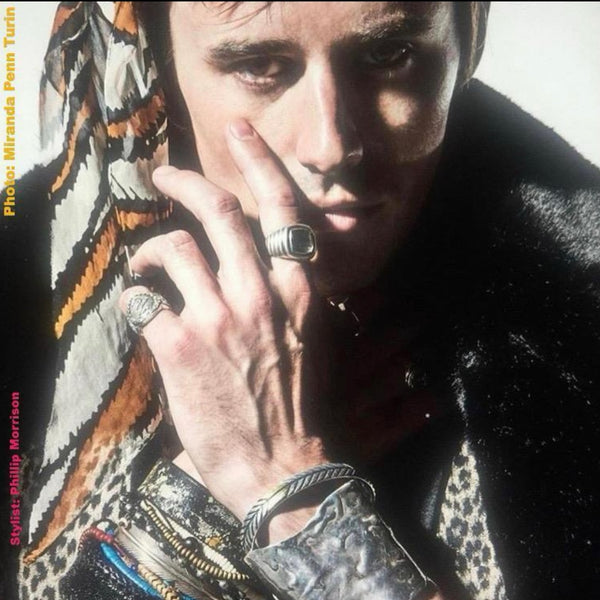 Iconic , Organic, Award-Winning Sterling Silver Scissorhands Cuff. Approximately 2-3/4" high but 7 inches from extended pieces---approximately 6" end to end before extender begins .Hand made in the USA. Hand-signed.Here, on actor/composer/musician Reeve Carney.
