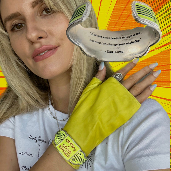 Antique Cigar Band brought to life in NEON YELLOW and red and black hand enamel on .925 Sterling Silver. As with many of my new cuffs, tucked inside is a "secret quote" to resonate against your wrist! This one :  "Just one positive word in the morning can change your whole day."  --Dalai Lama