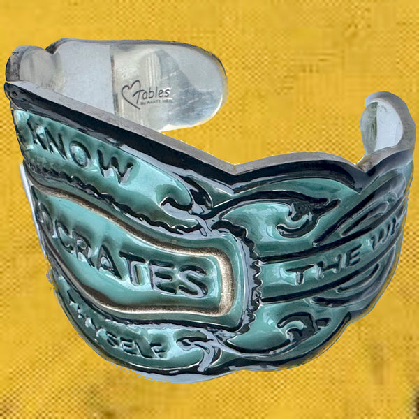 I've put a POP ART spin on this cuff, as well as many of this new Enamoured with Enamel Line. We have been locked up and in dreary weariness for a while and I thought it was time to bring back color to our lives.  Socrates "Know Thyself" Cheroot Band Cuff. Approximately 6-3/8" by 2" (center) graduating to 1-1/2", 1", and Cuff Ends are 5/8". Handmade, Hand-Enameled and Hand-Signed in America. 