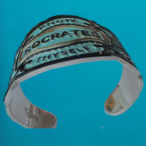 I've put a POP ART spin on this cuff, as well as many of this new Enamoured with Enamel Line. We have been locked up and in dreary weariness for a while and I thought it was time to bring back color to our lives.  Socrates "Know Thyself" Cheroot Band Cuff. Approximately 6-3/8" by 2" (center) graduating to 1-1/2", 1", and Cuff Ends are 5/8". Handmade, Hand-Enameled and Hand-Signed in America. 