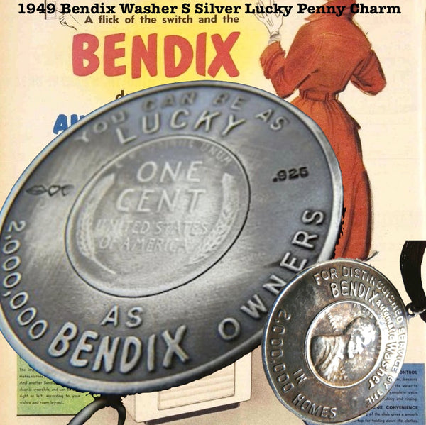 sterling silver replica of a lucky penny charm advertising Bendix washing machines.