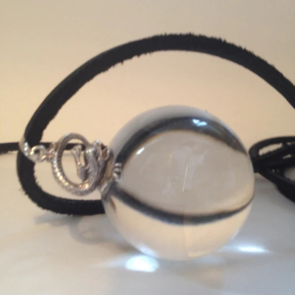 Lucite "Crystal Ball" &nbsp;and Sterling Silver Dragon Orb. Dragon-5/8". Orb-1-3/8". Crystal Ball with Sterling Silver dragon sitting on top of the world! Fables faux "Mystical Jewelry". If you are looking for a fun way to have a crystal ball... Plexiglass "crystal" Ball suspended by a Sterling Silver Dragon. Hand Made in America. Hand Signed. Comes with long leather cord or Vintage looking ribbon.