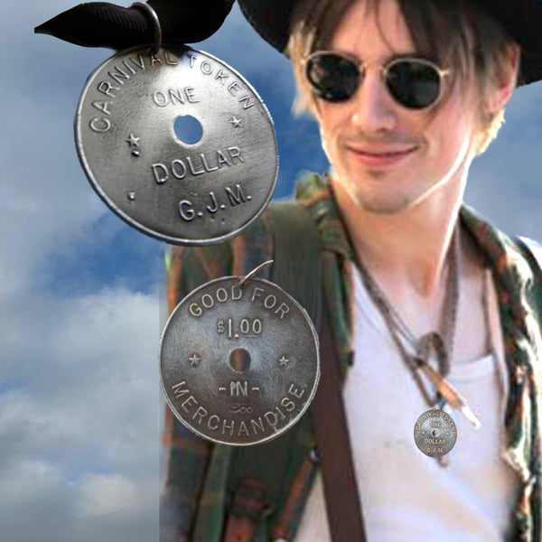 Back when THIS was made, each ride probably cost ten cents and maybe they would even throw in a bag of cotton candy, to boot! Nostalgic and timely, and translated into Sterling Silver to give it intrinsic value and irony. 1-3/8" diameter. Charm comes with black leather cord. Sterling Silver Vintage Carnival Token Charm. FEATURED in Taylor Swift's "I Knew You Were Trouble" Music Video and in the CARNEY "Love Me Chase Me" Music Video.