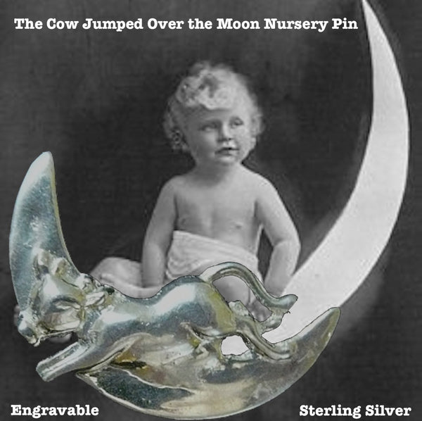 Sterling Silver Earrings of The Cow Jumping Over the Moon. A right and a left, to follow the curve of your ear perfectly.    The Cow Jumped Over the Moon Sterling Silver Earrings! Also available in Pin and Pendant/Charm.!  Choose Sterling Silver Clips or Pierced.1-1/4" x 1/2" approximate. Handmade in the USA. Hand signed.