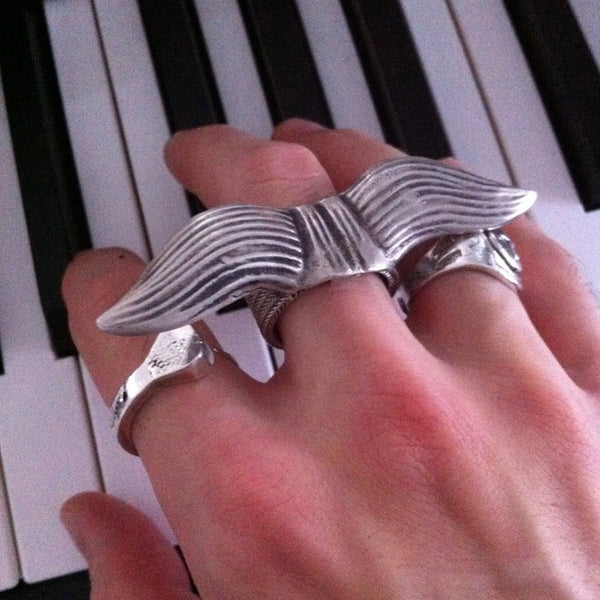 Hand Made in the USA. Hand-Signed. Specially presented. Sterling Silver Mustache Ring. Mustache itself is 3" (in span) x 3/4"--and measures approximately 1" from top of mustache to bottom of band.