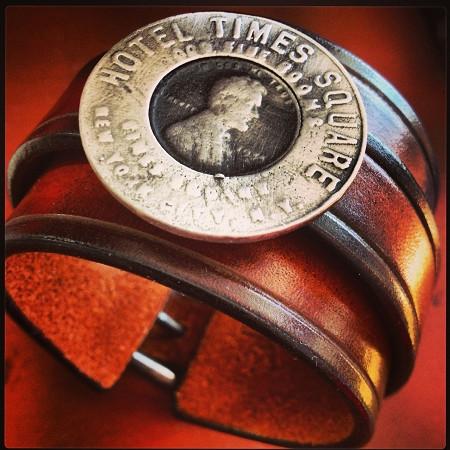 Handmade Leather Cuff with Hotel Times Square Hotel Lucky Penny Slide. Sterling Silver. Made in America.