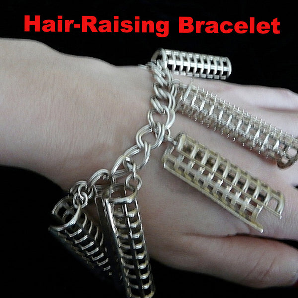 Ahhh, the price of BEAUTY past! (And one of the reasons I am known for turning items usually related to "womens' drudgery" into fashion statements--I see these things as working pieces of art in the museum of life) Simply "charming" sterling silver bracelet filled with six curler covers vying for a sole brush roller. Perfect for anyone who has hair, er... who loves and remembers brush rollers from "the day". Sterling Silver Curler and Curler Cover Charm Bracelet. Curlers-2"x5/8". Chain-7-1/2
