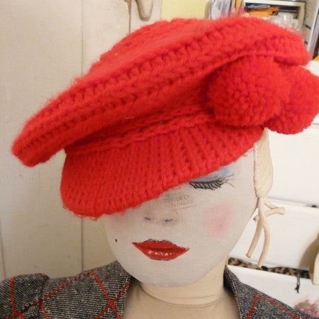 Vintage Red Hand-Knit Cap with Pom-Poms